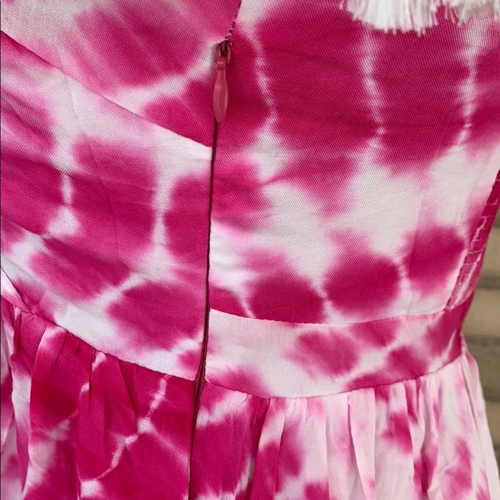 ❌DONATED❌Fuchsia Pink Tie Dye V-neck Lined Tie Shoulders Midi Dress - Picture 9 of 11